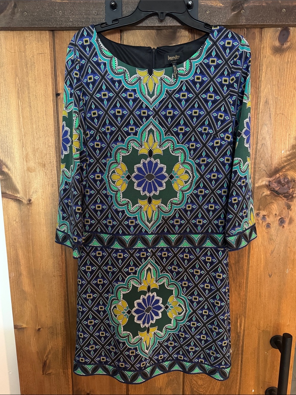 Laundry By Shelli Segal Navy, Green & Yellow Patterned Sheath Dress
